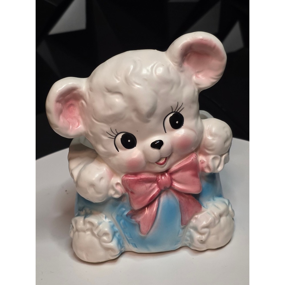 Vintage Caffco Japan Ceramic Bear Planter E-3050 Blue Pink Nursery Decor Kitsch